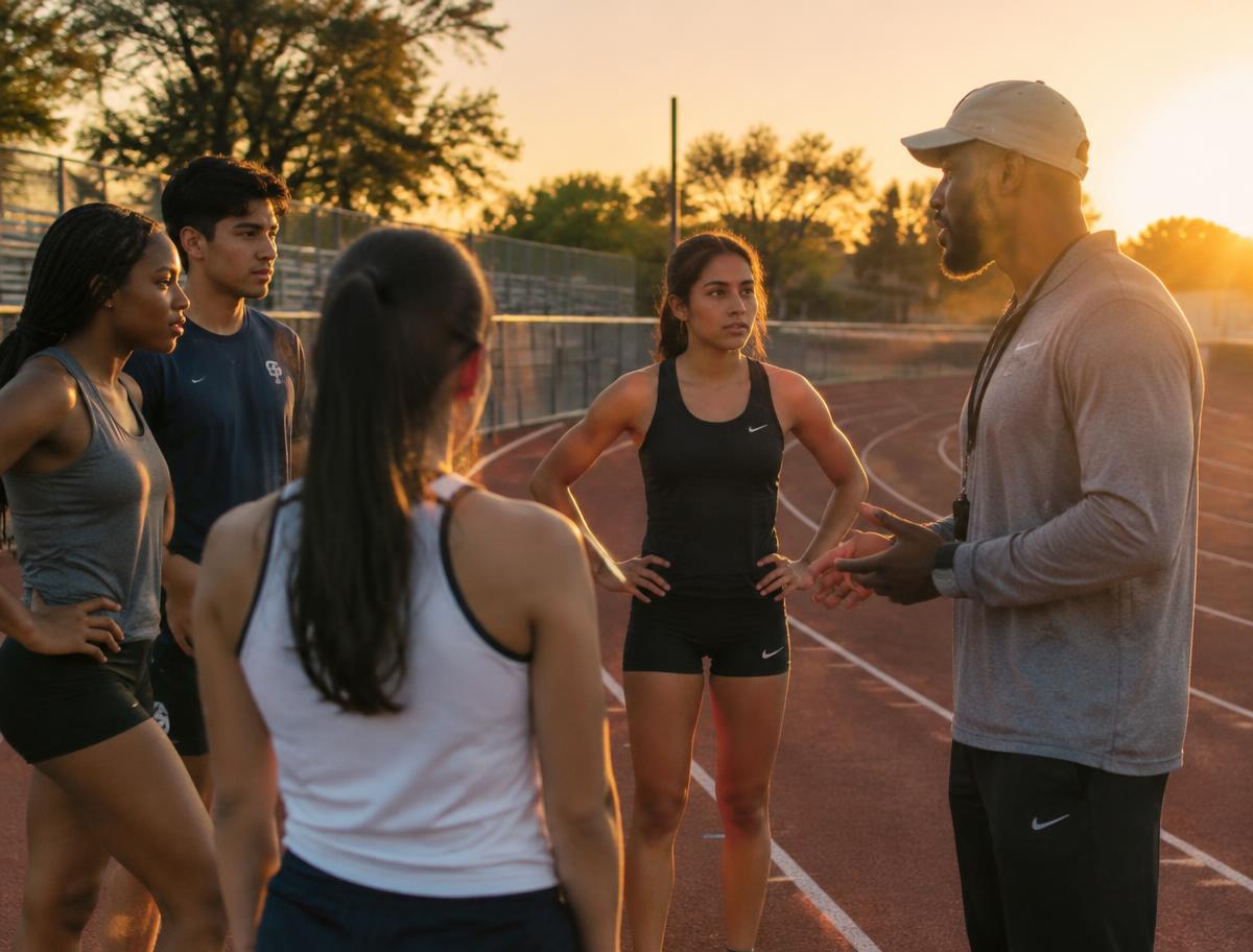 Coach mentoring student-athletes on a track